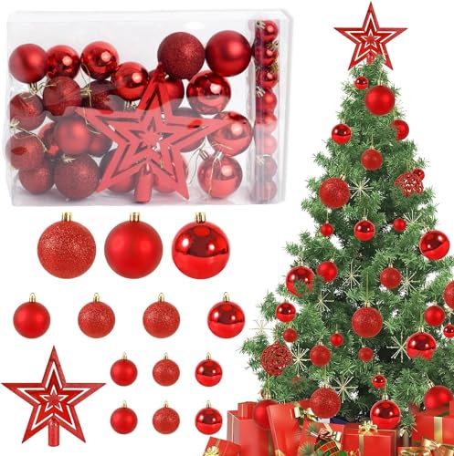 Pack 40 Bolas Rojas Arbol de Navidad + Estrella Color Rojo - Decoración Navideña