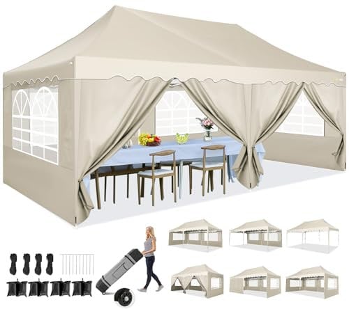 HOTEEL Gazebo Pop Up Gazebo 3m x 6m Marquee with 6 Sides, Tall Spacious Outdoor Gazebo with Wheeled Bag & 4 Sandbags, Easy Setup for Wedding, Patio Events, Party,Waterproof and UV50+ Protection, Khaki