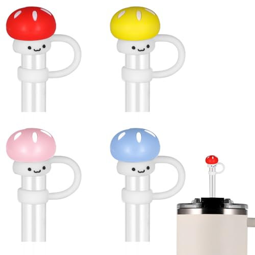 4pcs Mushroom Straw Covers for Stanley Cup 30 40 oz, Cute Straw Covers Cap Silicone Straw Tips Cover Protective Straw Toppers for Reusable Straws with 0.36-0.39 Diameter (4 Colors)