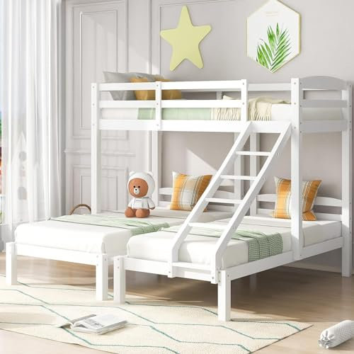 DaMga Dreierbett,Kinderbett Mit Schräge Leiterjungenbett Dreifaches Etagenbett Mit Seitenleiter Für Kinder Und Jugendliche,Hausbett Mit Lattenrosten,90x200cm,Weiß