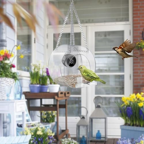 Bird Feeder with Camera, HD 1080P Night-Version Video Camera, Clear Window Bird Feeder with Camera, WiFi Hotspot Remote Connection with Mobile Phone for Outdoor Bird Watching (Transparent)
