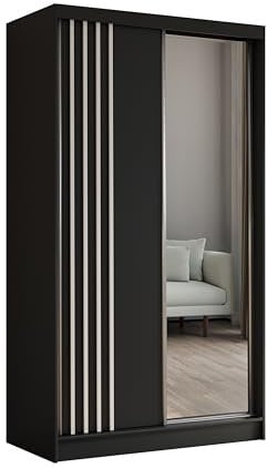 Margaret Hadas24 Kleiderschrank Neli mit Lamellen und Spiegel, Organizer, Mehrzweckschrank, Schwebetürenschrank, Garderobenschrank, Kleiderstange, Kleiderständer, Flurschrank, 120 cm, schwarz, weiß