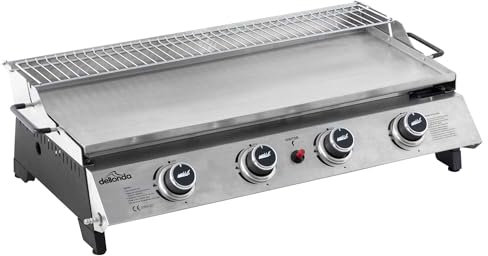 Dellonda 4 Burner Portable Gas Plancha with Warming Rack, 10kW Stainless Steel - DG277