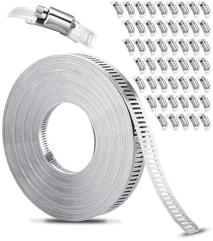 Xespis Schlauchschellen 304 Edelstahl, 20m Lochband Metall + 50 Stück Befestigung, DIY Schlauchschellen Set, Einstellbare Schlauchschelle, für Wasser Rohr, Tank, Gas Rohr, Kühler, Automobil Tubing
