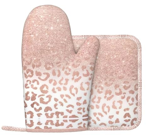 Rose Gold Glitter Silicone Oven Gloves and Pot Mat Oven Gloves for Grilling Cooking and Baking