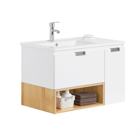 SoBuy Meuble Suspendu pour Lavabo Armoire de Salle de Bain avec Lavabo Meuble Salle de Bain avec Vasque Ensemble de Lavabo en céramique, 1 Tiroir et 1 Porte, Blanc-Nature, 80x46x54cm, BZR178-WN