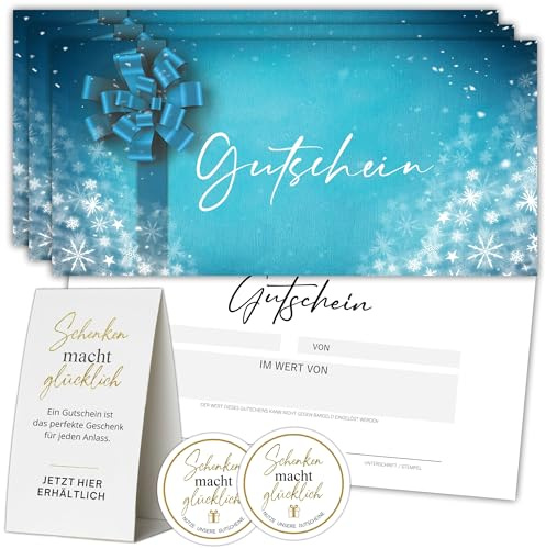 Eummel 40 Blanko Gutscheine zu Weihnachten inkl. Aufsteller und Aufkleber für alle Geschäfte & Unternehmen | Hochwertiger Druck | Geschenkgutscheine Gastro Restaurant