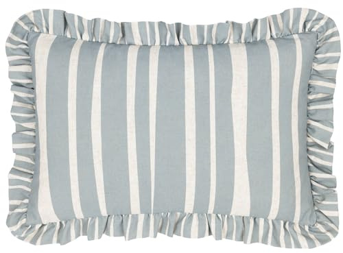 furn. Carmon Stripe Ruffle Feather Rich Cushion - Linen/Blue - 40x60cm