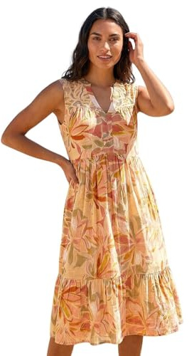 Roman Originals Cotton Tropical Lace Detail Tiered Dress for Women UK - Ladies Everyday Holiday Spring Summer V-Neckline Comfy Soft Evening Vacation Work Party - Peach - Size 10