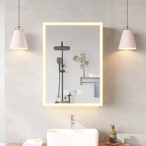 LEADZM Armoire de Salle de Bain avec Miroir et LED éclairage Armoire de Toilette Miroir avec Prise et 2USB Étagère Réglable,Température de Couleur Réglable Temps Température (50x70cm)