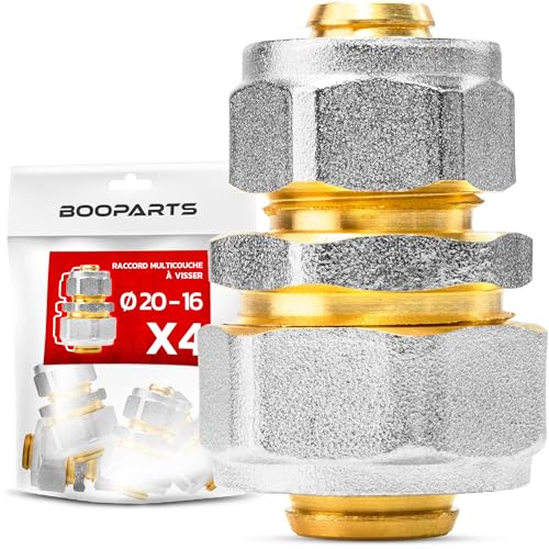 BOOPARTS – Raccord Droit Réduit à Visser Ø20–16 mm | Manchon Multicouche à Compression pour Tubes PER, PEX et Multicouche | Plomberie, Chauffage et Sanitaire | Lot de 4
