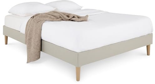 IDIMEX Sommier tapissier QUIMPER 140 x 190 cm Structure en Bois et revêtement en Tissu Beige, Cadre de lit avec Pieds et sommier à Lattes déhoussable pour 1 Personne