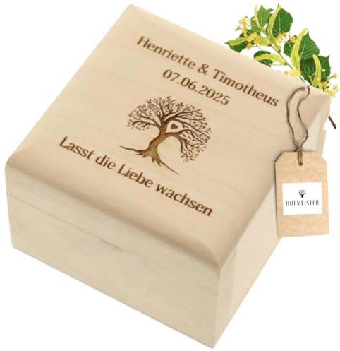 HOFMEISTER® Personalisierte Ringbox mit Gravur Lebensbaum – Schmuckkästchen für Brautpaare zur Hochzeit aus Lindenholz – 6,3 cm