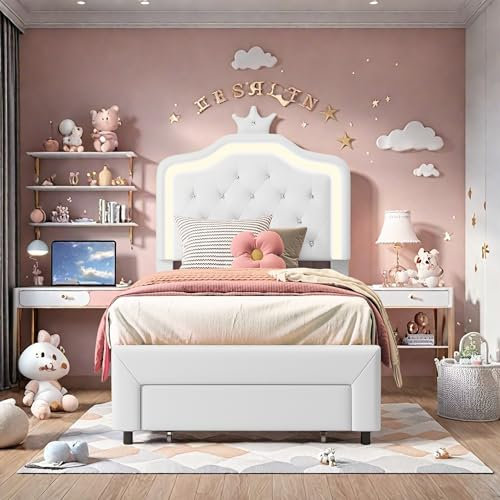 KatFash Kinderbett 90x200cm Polsterbett mit LED Bettgestell, Jugendbett Flachbett mit Lattenrost und Stauraum,Gepolsterter Stauraumbett mit Schubladen,Kinder Bett mit kopfteil,Weiß,PU
