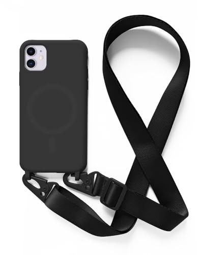 2NSPDRGNI Carga Inalámbrica Funda con Cuerda Compatible con iPhone 11,Ajustable Colgante Collar Correa de Cuello Cadena Cordón Case,Negro