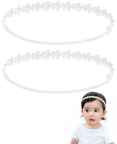 JUKOTA 2 Pezzi Fascia Elastica per Neonata,Doppio Pizzo Con perle,Fascette Capelli Morbide in Nylon,Bianco,Regalo per Bambini