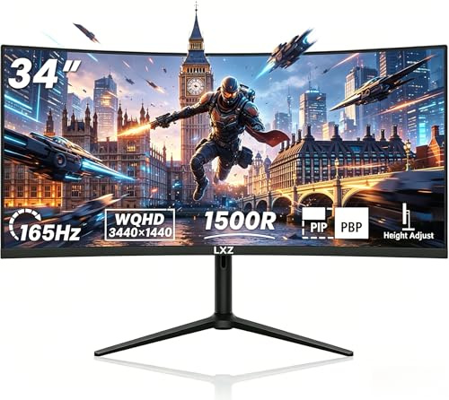LXZ Monitor curvo de 34 pulgadas 165Hz, UWQHD 3440 x 1440, 1500R con HDR, monitor de juegos ultra ancho 21:9 con PIP PBP, altura ajustable, MPRT de 1 ms, con 2 puertos HDMI2.0 2X DP1.4