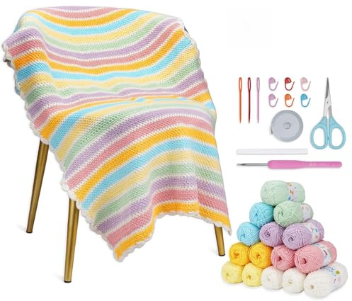 Alvian Häkelset für Anfänger Regenbogendecke Häkeln DIY Strick-Starter-Set Enthält Garn, Metallhäkelnadeln & Zubehör, Geschenk für Erwachsene & Jugendliche