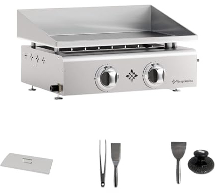 Plancha Gas Inox Placa de acero inoxidable macizo 6 mm de espesor Bandeja de cocción Semi Profesional (2 + Accesorios)