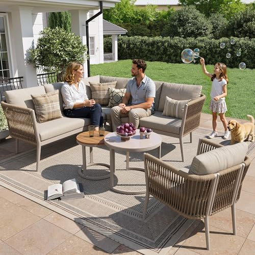 Set da giardino per 5 – 6 persone, grande set di divani, per esterni, in corda da 6 pezzi, con panca impermeabile e set di cuscini, set modulare, per terrazze, balcone, beige (beige, 5 – 6 persone)