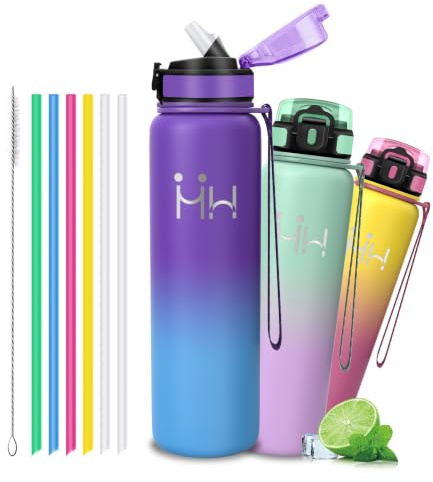 Gourde Isotherme - Bouteille 1l - Bouteilles Isothermes - Gourde Isotherme avec 6 Paille - Double Isolation - Gourdes Inox - Facile à Nettoyer, Bouteille Thermos pour Randonnée, Sport, Camping