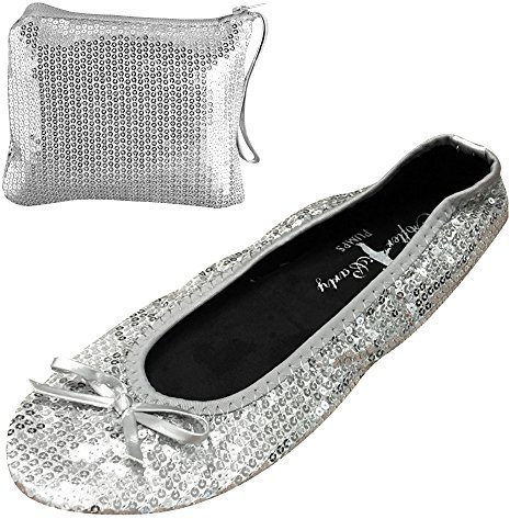 After Party Pumps® Silver Sequin Size UK 5-6 Ladies Roll Up Shoes Sparkly Glitter