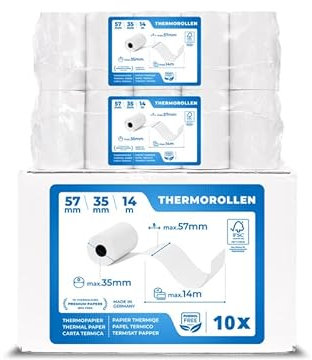 10 x EC Cash Thermorollen - Breite: 57 mm – Durchmesser: 35 mm - Hülsendurchmesser: 12 mm – Länge: 14 m - für Bondrucker, EC-Terminals, etc.