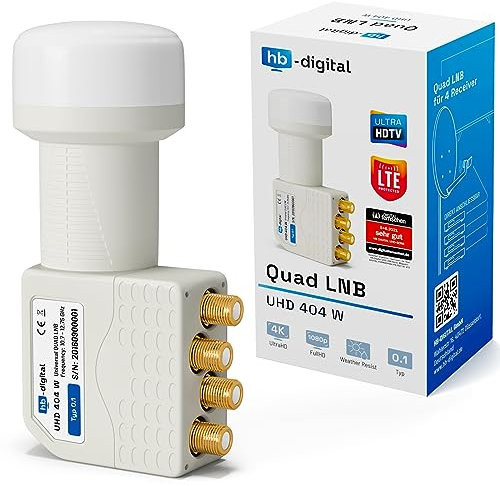 hb-digital Quad LNB (Test SEHR GUT *) LNC Kopf 4 Teilnehmer Direkt LTE Protected Satelliten Digital Sat Full HD TV 3D 4K UHD Kontakte vergoldet Wetterschutz Weiß White