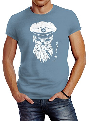 Neverless Herren T-Shirt Totenkopf Kapitän Captain Skull Bard Hipster Original Spirit Seemann Slim Fit