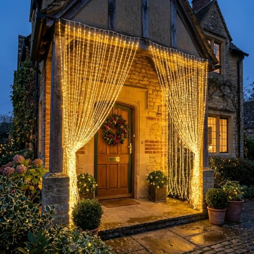 LightsGo 200 LED Warm White Curtain Lights 2m x 2m — Stunning Backdrop Effect, 8 Modes, Memory Function, Clear Wire, Low Voltage UK Plug, IP44 Waterproof