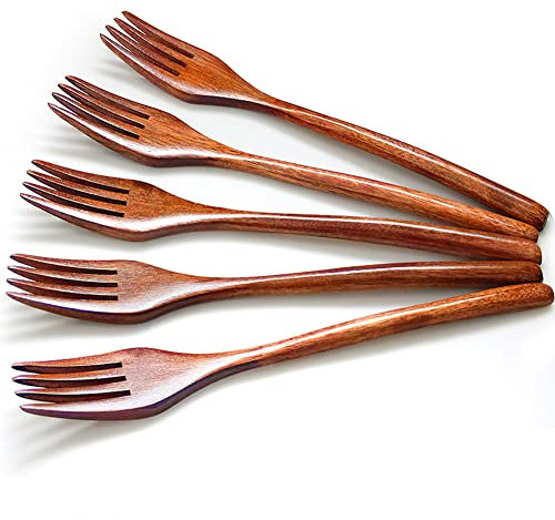 AOOSY Juego de tenedores de madera, 5 piezas de madera estilo vintage, color marrón, práctica mesa japonesa para ensalada, cena, cocina, comer, juego de tenedores de cocina para niños y adultos