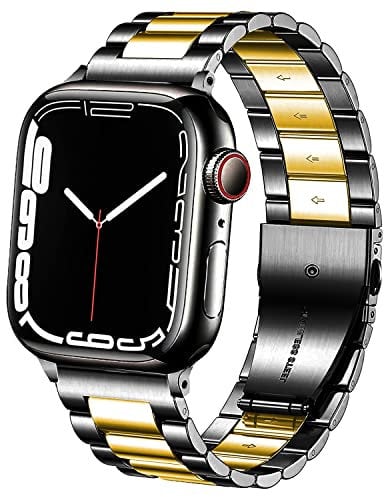 DEALELE Bands Compatible with iWatch 42mm 44mm 45mm 49mm, Solid Stainless Steel Metal Strap Replacement for Apple Watch Series 8 / Ultra / 7 / SE / 6/5 / 4/3 Women Men, Black-Gold