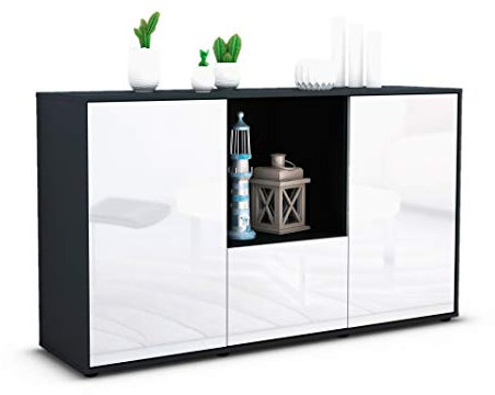 Stil.Zeit Sideboard Dhonna, Korpus anthrazit matt, Front Hochglanz Weiß (136x79x35cm) Push-to-Open Technik