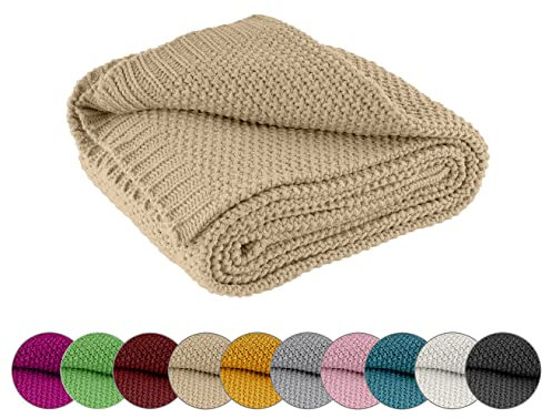 wometo Manta de Punto 140 x 190 cm, Color Beige – Manta de Punto oekoTex cálida y Suave con patrón de Punto Elegante y Sencillo