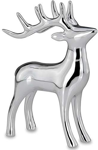 H.Bauer jun. Große stehende Porzellan Deko Rentier Figur - silbern glänzende Hirsch Geweih Weihnachts-Deko zum Hinstellen Höhe 19.5 cm