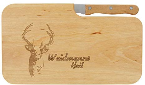 LASERHELD | Brotzeitbrett Holz mit Gravur “Waidmannsheil” & Messer | 26 x 15 cm | Frühstücksbrettchen Holz Schneidebrett Jausenbrett | Geschenk für Jäger zum Vatertag Vatertagsgeschenk