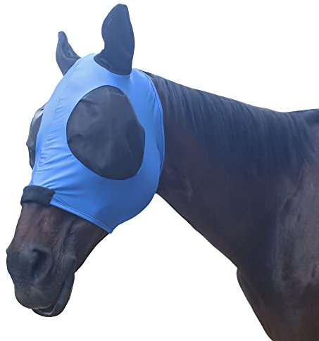 Leberna Fliegenmaske für Pferde, Netzstoff, mit Ohren, weiches Lycra-Mesh-Maske, UV-Schutz, mit Ohren, Blau