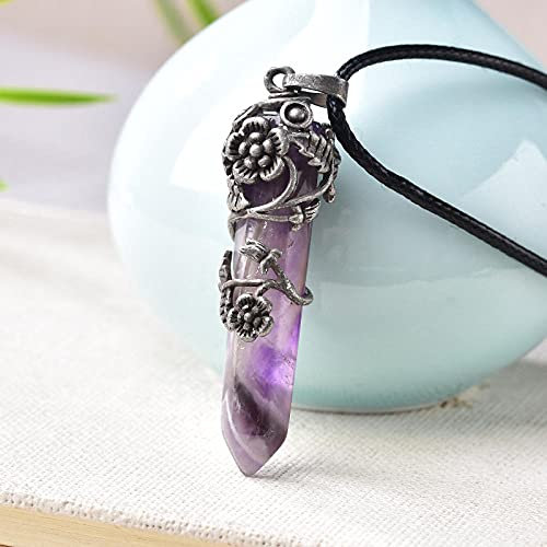 1PC Natural Crystal Rose Quartz Crystal Point Pendant Stone Metal Flower Mineral Jewelry Couple Ornamental Lovers Gift Jewelry-Amethyst