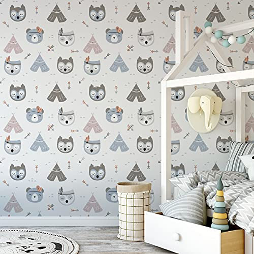 Muralo Tapete 10m Rolle Vlies Tapete Tiere Natur Bären Vögel Eulen Indianer Vliestapete 1000 x 53cm Wand Tapete Wohnzimmer Kinderzimmer Moderne Wanddeko Wand Dekoration