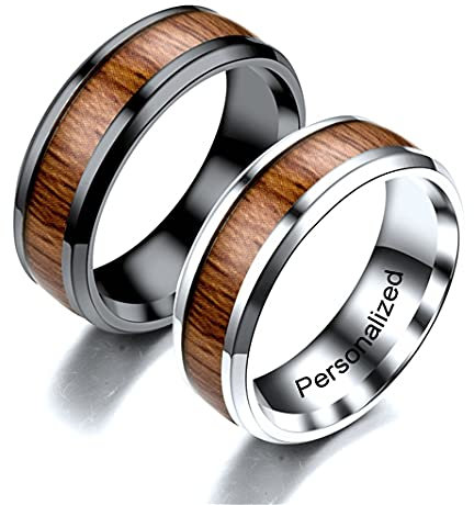 Ihanskio Personalisierte Ring für Paar Unisex Holz Inlay Männer Ringe Innen Können Eingraviert Individuelles Versprechen Hochzeit Engagement Ringe Schwarz Titan stahl 8MM 6-13# (Couple ring,1 PAIR)