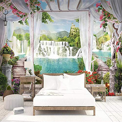 Photo Papier Peint Fenêtres cascade pont de bois paysage 3D Intissé Décoration Murale XXL Poster Trompe l oeil Tableaux Muraux pour Salon Chambre Toile de Fond Mur 300x210cm