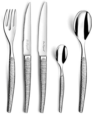 Lou Laguiole Besteck JET mit feinem Hammerschlagdesign, glänzend, außergewöhnliches Besteckset, 30-teilig