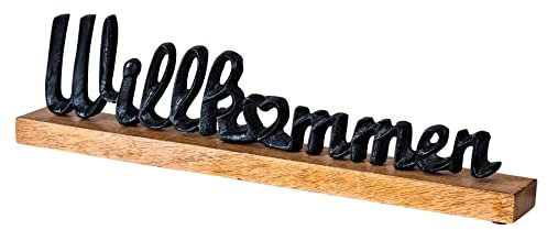 levandeo Schriftzug Willkommen 45cm Metall Schwarz Mango Holz Deko Aufsteller Tischdeko Wohndekoration Geschenk