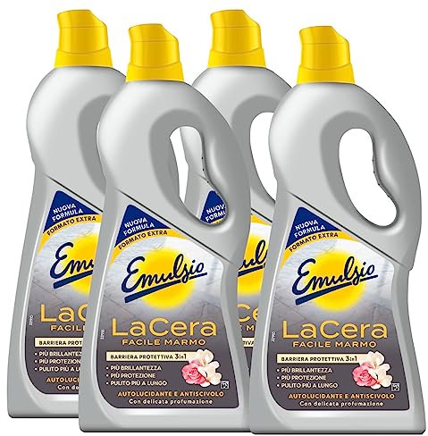 Emulsio La cera fácil de mármol, autolucidante para suelos Fórmula profesional, barrera 3 en 1, protección de brillo y limpieza, 4 botellas de 725 ml cada una