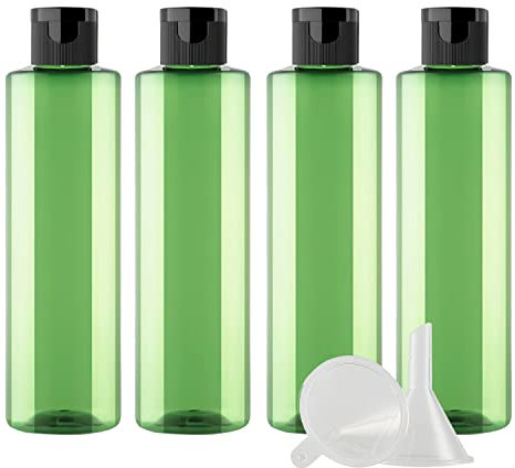 ZEOABSY 4 Pièces 250 ML Vert Bouteille en Plastique avec Bouchon à Charnière Noir, Épaule Plate Vider Bouteille Ronde en PET de Voyage pour Cosmétiques Liquides