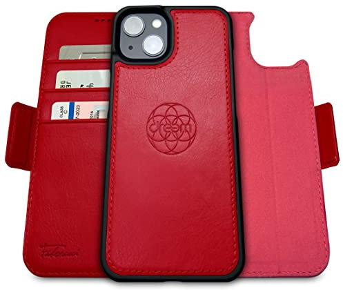 Dreem Fibonacci kompatibel mit iPhone 14 Plus Brieftaschen-Etui / 2-in-1 stoßfestes Etui und abnehmbares Folio aus veganem Leder, MagSafe-kompatibel, RFID-Schutz [Rot]