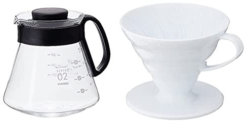 HARIO CD-V60-02 CD Cafetière Range Server V60-02 Microwave-600ml, Glass, 600 milliliters, Black & V60 Plastic Coffee Dripper, White, Size 2