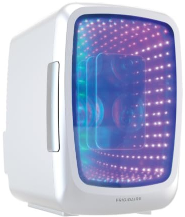 Frigidaire Gaming Light Up Mini Beverage Refrigerator, 6 can, 4 liters, Cooler with large see through door and LED lights Perfect for Gaming Experience, Home, Office, or Cars.12V Charger (White)