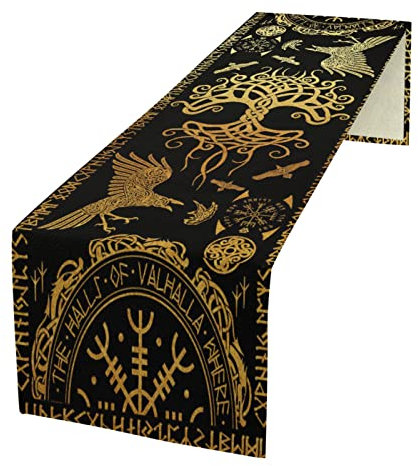 kikomia Baumwolle Leinen Tischläufer Rechteckige Wikinger Rabe Baum des Lebens Tischdecke für Hochzeit Urlaub Heimdekoration Wikinger Dekorativ Abdeckung Tischplatte (33×91cm, Golden)
