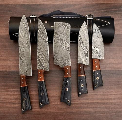 CraftTal Handgefertigtes Damast-Kochmesser-Set, 5-teilig, komplettes Küchenmesser-Set, Hackmesser, Messer-Set, Jubiläum, Weihnachten, Geburtstag, Geschenkartikel (Stamina Holz Schwarz)